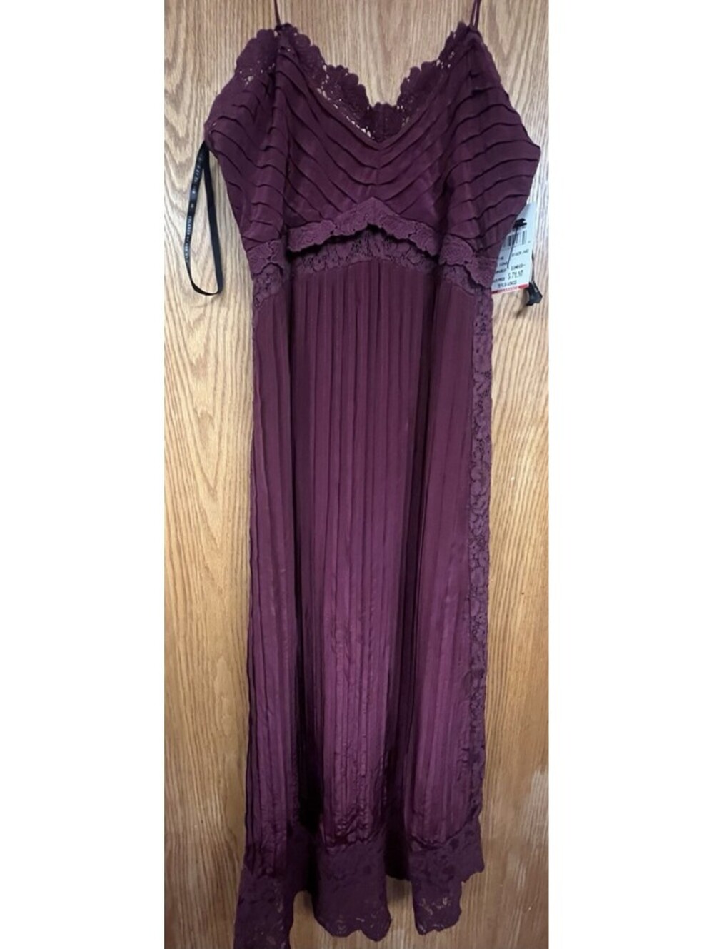FARM RIO Pleated Midi Slip Dress Lace Trim Burgundy Size XS Broken Strap
